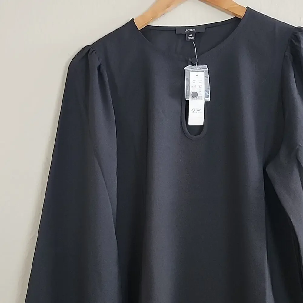 J. Crew Black Puff Sleeve Top Satin Back Crepe Keyhole Blouse NWT Small Tall ST
